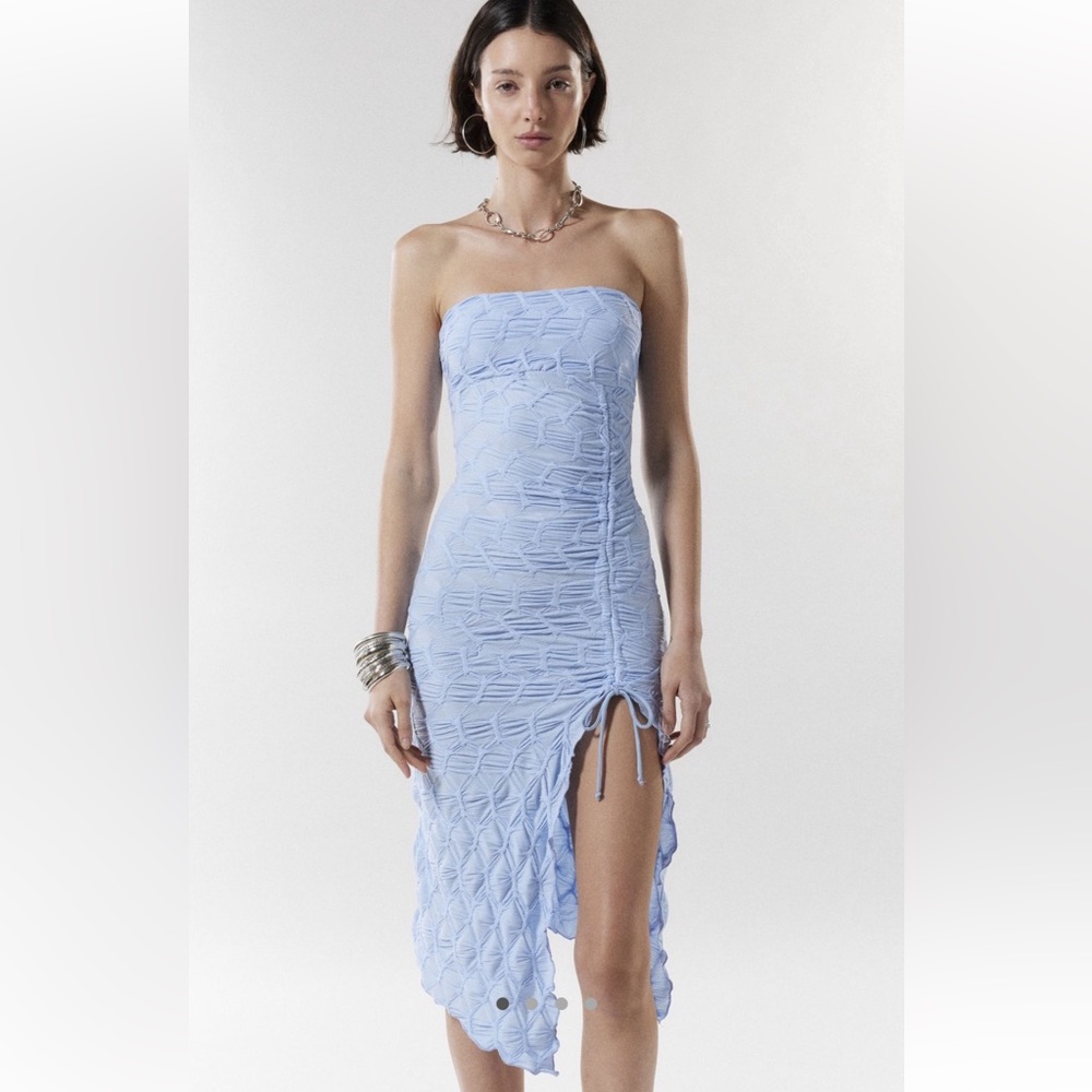 Silence + Noise Ruched Strapless Blue Bodycon Dress